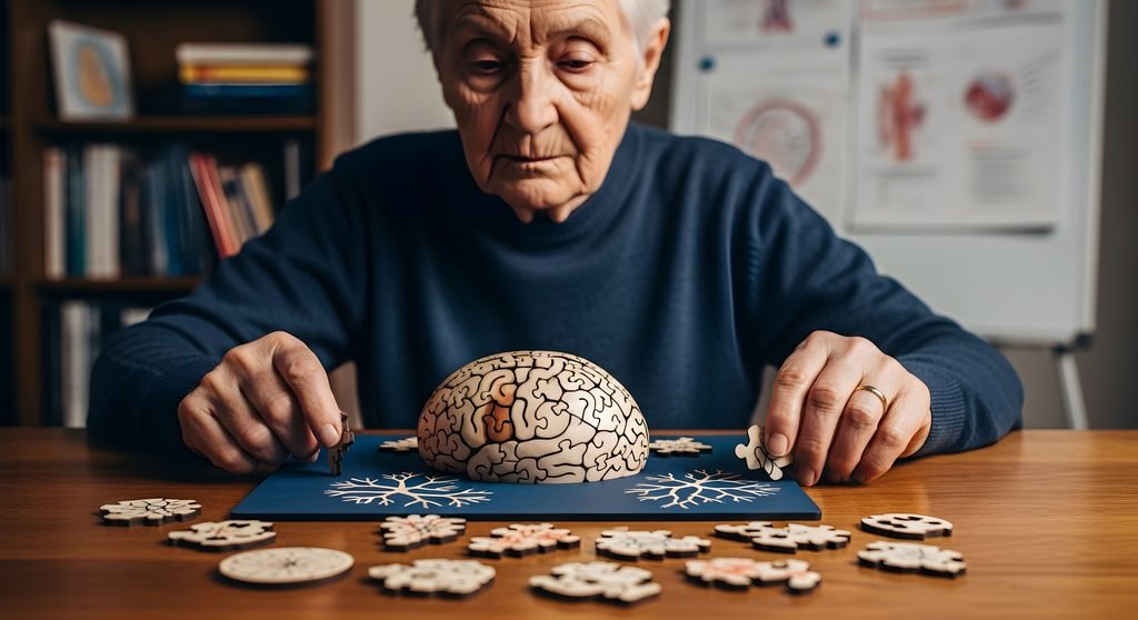 Elderly person assembling a brain shaped puzzle at a table symbolizing memory care and cognitive therapy session.